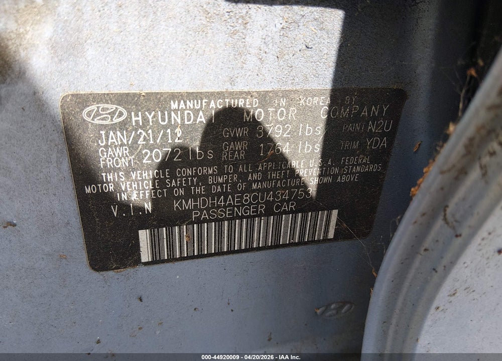 2012 HYUNDAI ELANTRA GLS (ULSAN PLANT) VIN: KMHDH4AE8CU434753