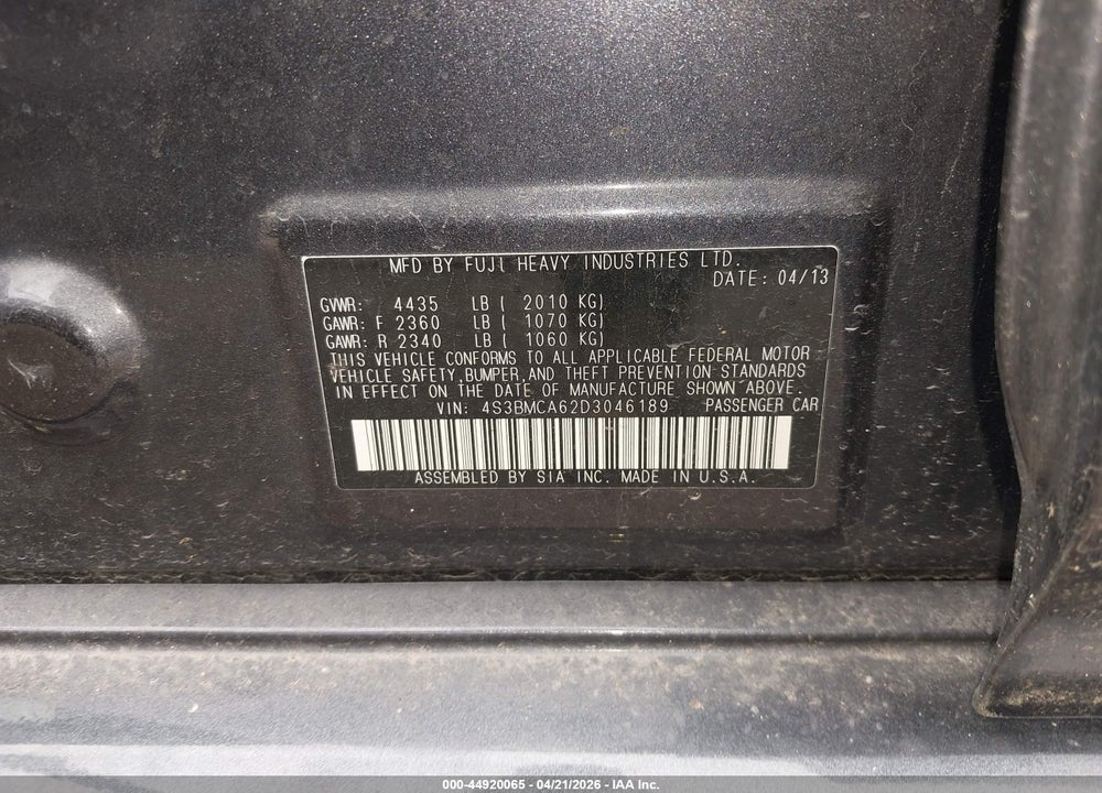 2013 SUBARU LEGACY 2.5I VIN: 4S3BMCA62D3046189