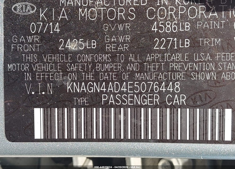 2014 KIA OPTIMA HYBRID EX VIN: KNAGN4AD4E5076448