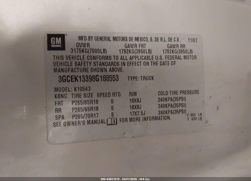 2008 CHEVROLET SILVERADO 1500 LT1 VIN: 3GCEK13398G188553