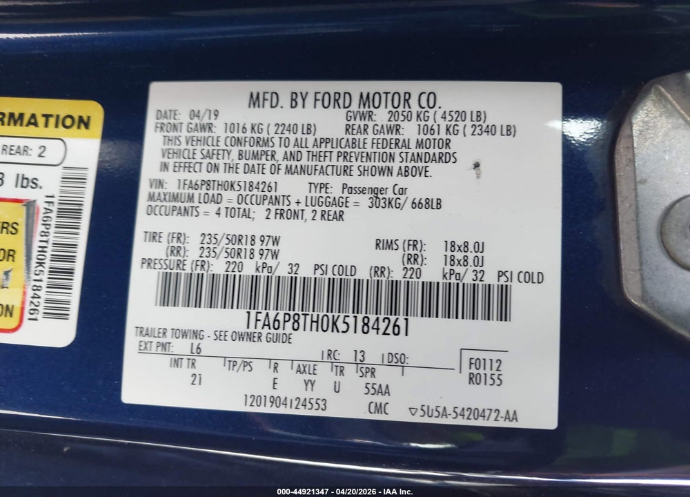 2019 FORD MUSTANG VIN: 1FA6P8TH0K5184261