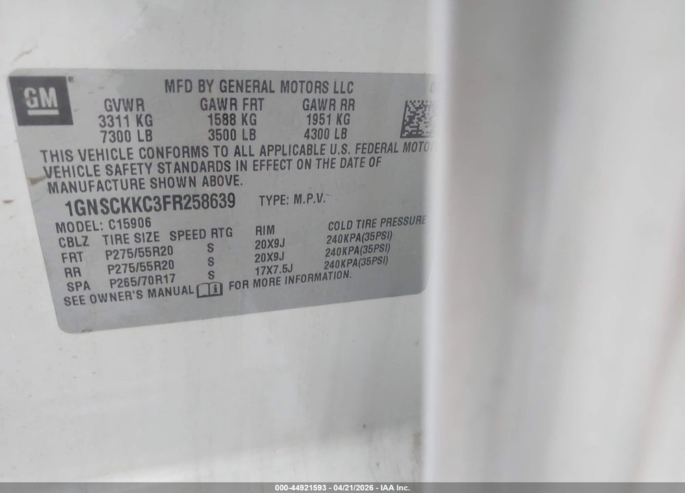 2015 CHEVROLET SUBURBAN 1500 LTZ VIN: 1GNSCKKC3FR258639