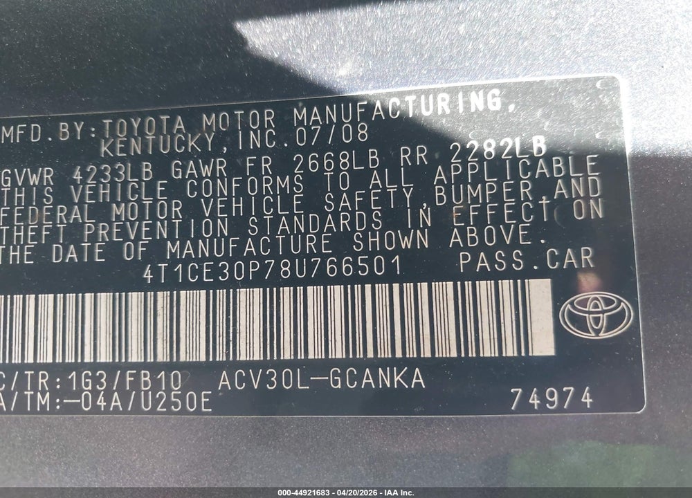 2008 TOYOTA CAMRY SOLARA SE VIN: 4T1CE30P78U766501