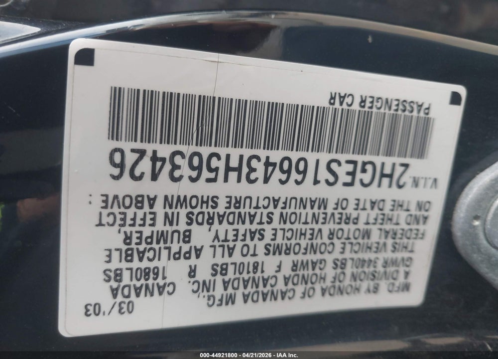 2003 HONDA CIVIC LX VIN: 2HGES16643H563426