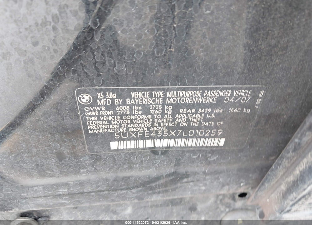 2007 BMW X5 3.0SI VIN: 5UXFE435X7L010259