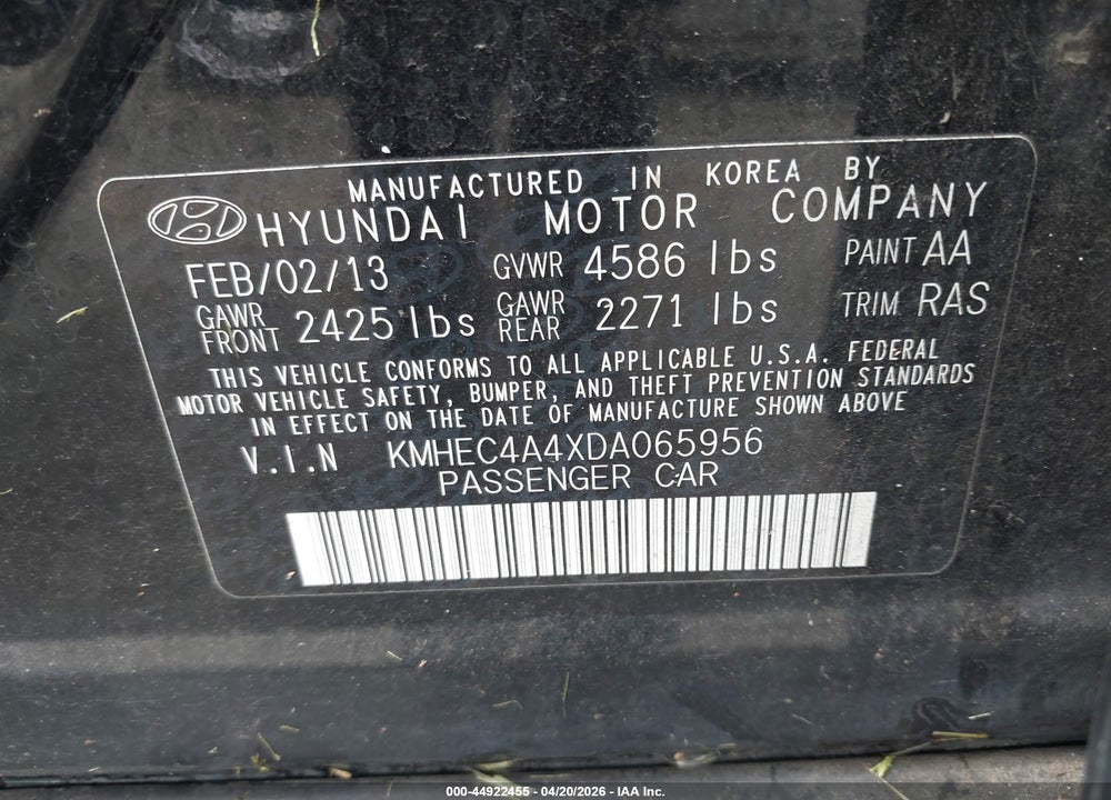 2013 HYUNDAI SONATA HYBRID VIN: KMHEC4A4XDA065956