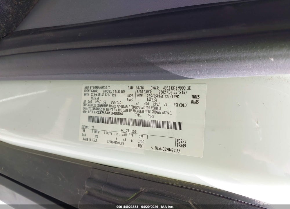 2018 FORD TRANSIT-250 VIN: 1FTYR2ZM3JKB49504