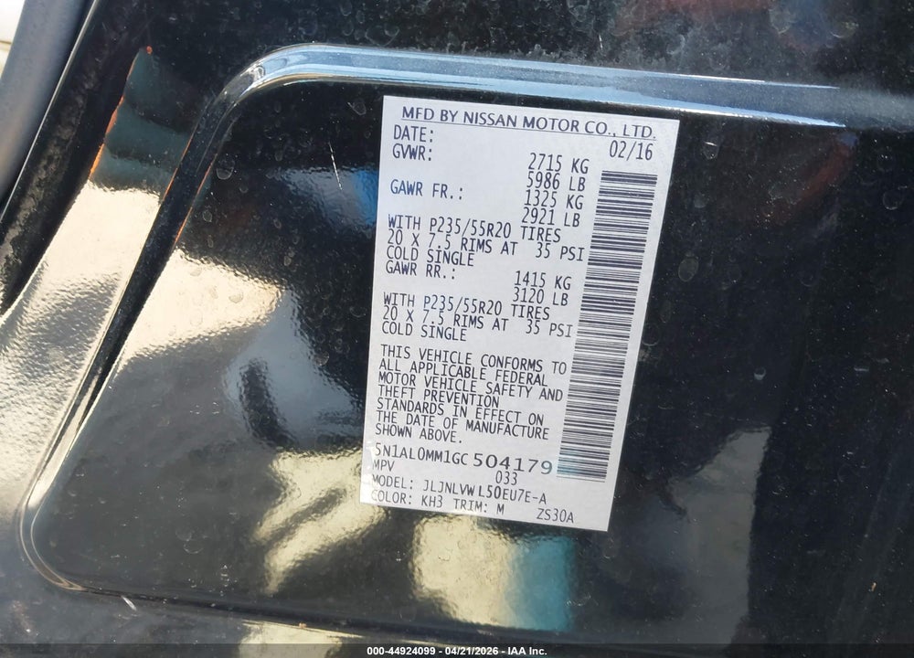 2016 INFINITI QX60 VIN: 5N1AL0MM1GC504179
