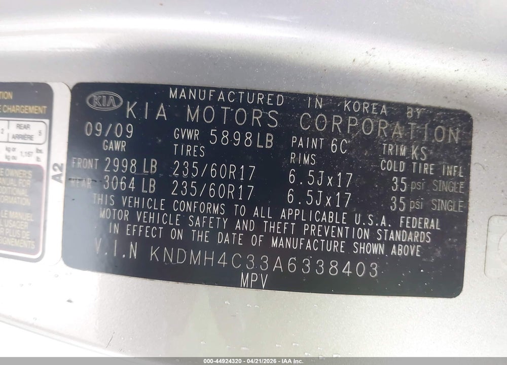 2010 KIA SEDONA EX VIN: KNDMH4C33A6338403