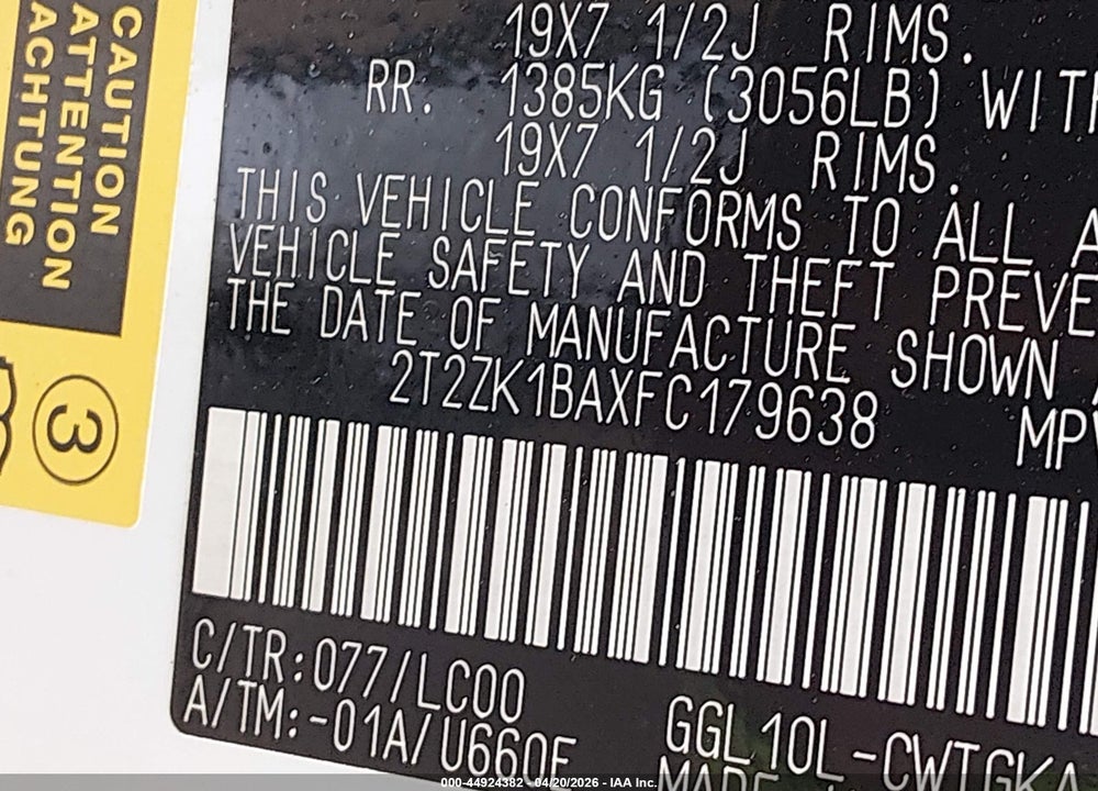 2015 LEXUS RX 350 VIN: 2T2ZK1BAXFC179638