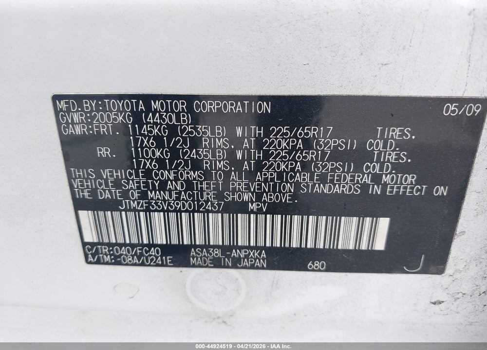 2009 TOYOTA RAV4 VIN: JTMZF33V39D012437