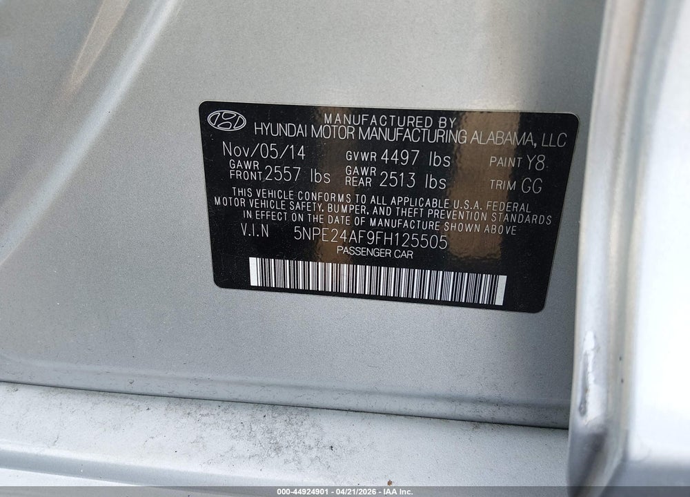 2015 HYUNDAI SONATA SE VIN: 5NPE24AF9FH125505