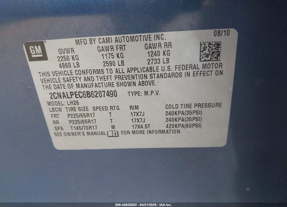 2011 CHEVROLET EQUINOX 2LT VIN: 2CNALPEC6B6207490