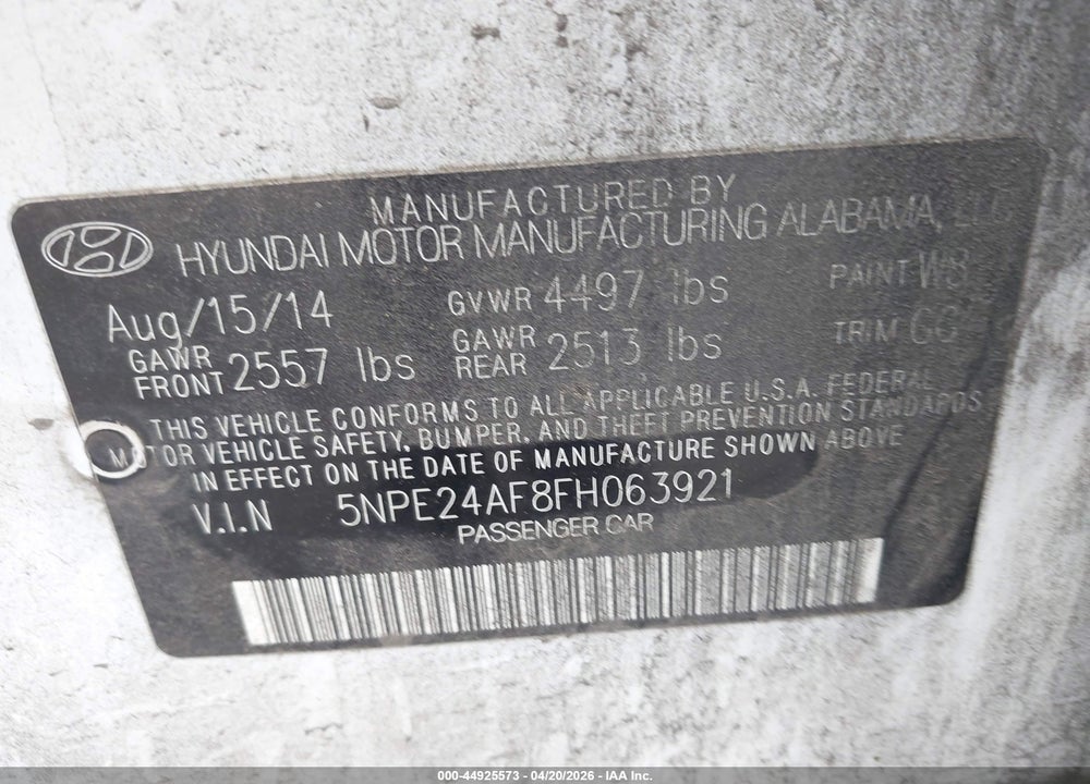 2015 HYUNDAI SONATA SE VIN: 5NPE24AF8FH063921