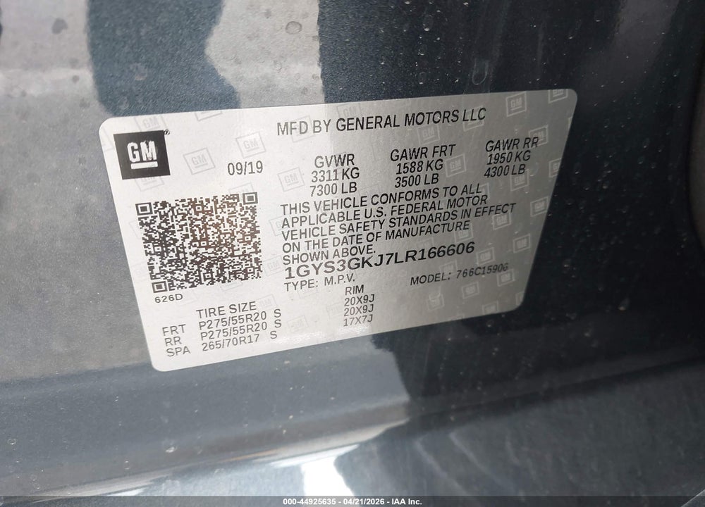 2020 CADILLAC ESCALADE ESV 2WD VIN: 1GYS3GKJ7LR166606