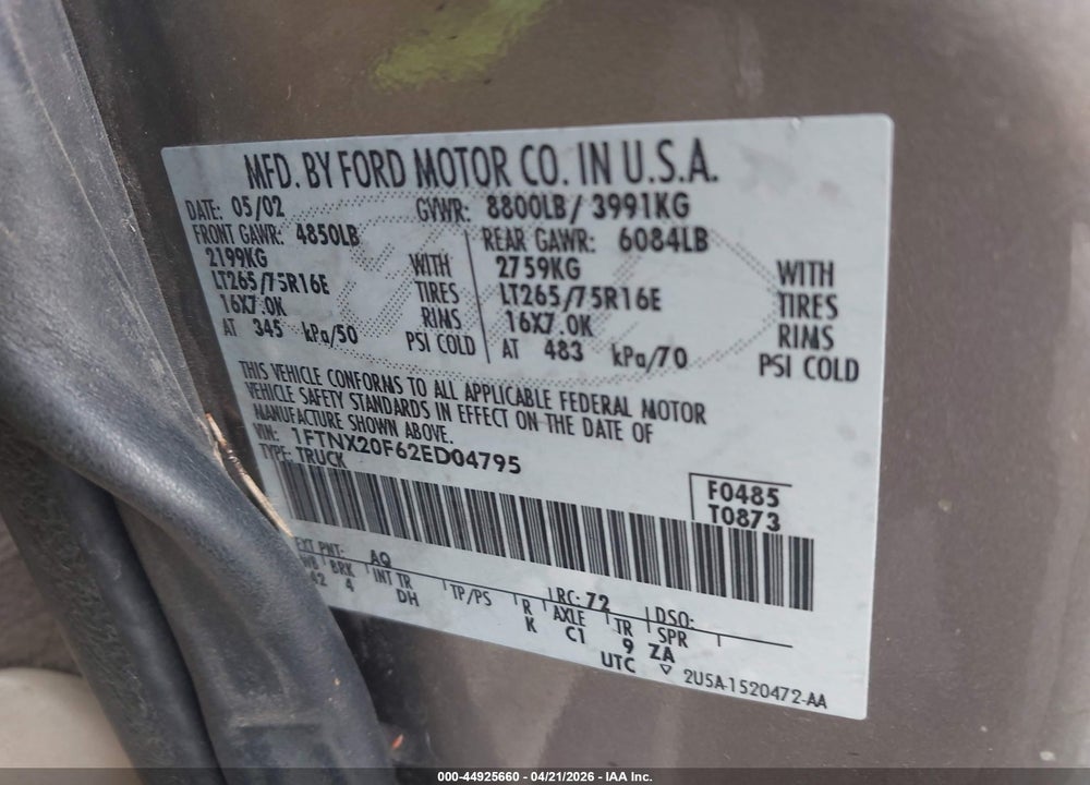 2002 FORD F-250 LARIAT/XL/XLT VIN: 1FTNX20F62ED04795