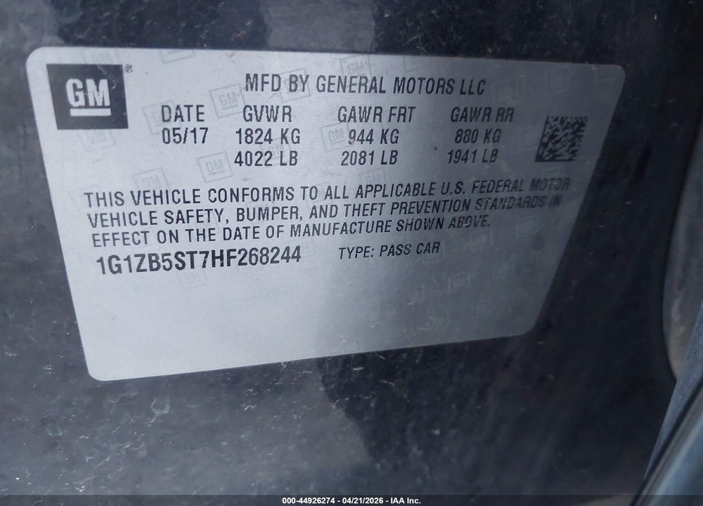 2017 CHEVROLET MALIBU LS VIN: 1G1ZB5ST7HF268244
