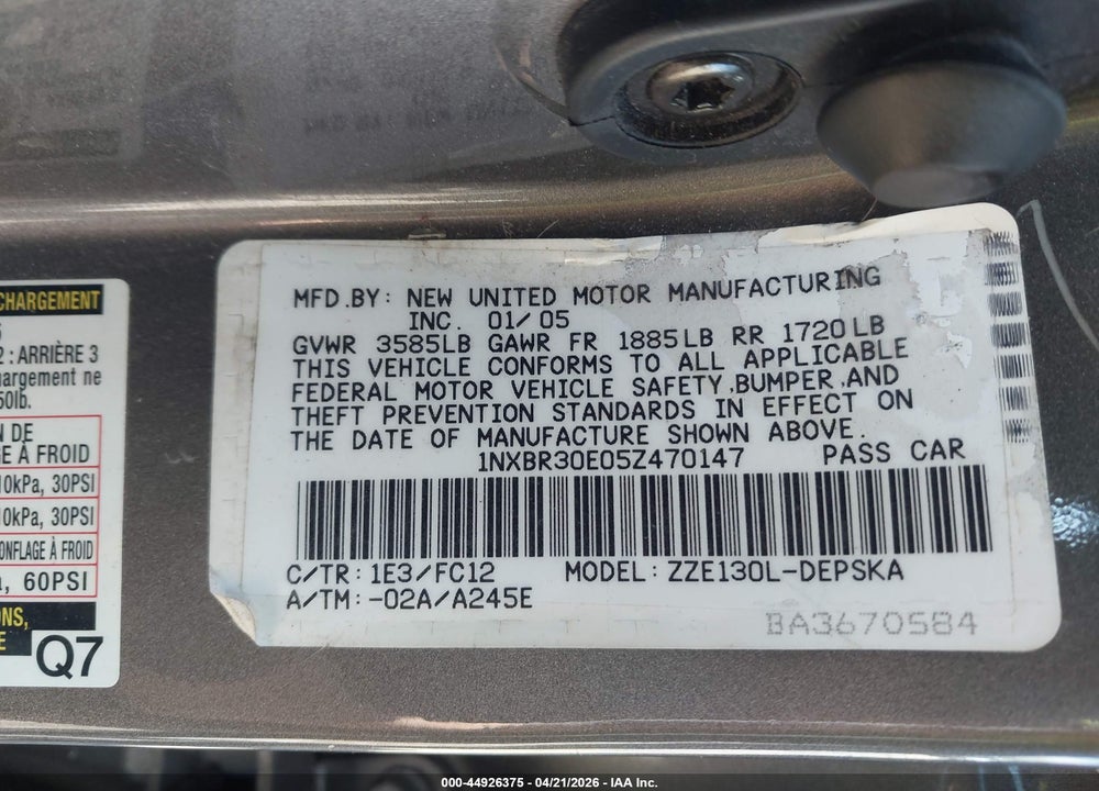 2005 TOYOTA COROLLA S VIN: 1NXBR30E05Z470147