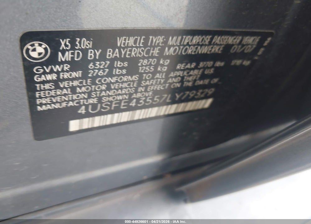 2007 BMW X5 3.0SI VIN: 4USFE43557LY79329