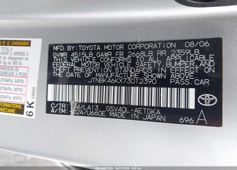 2007 TOYOTA CAMRY XLE V6 VIN: JTNBK46KX73012390