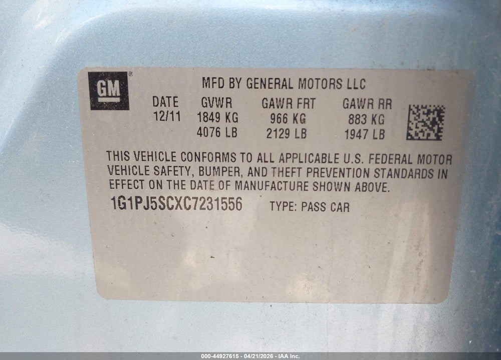 2012 CHEVROLET CRUZE ECO VIN: 1G1PJ5SCXC7231556