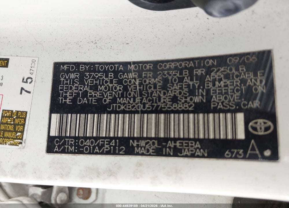 2007 TOYOTA PRIUS VIN: JTDKB20U577558882