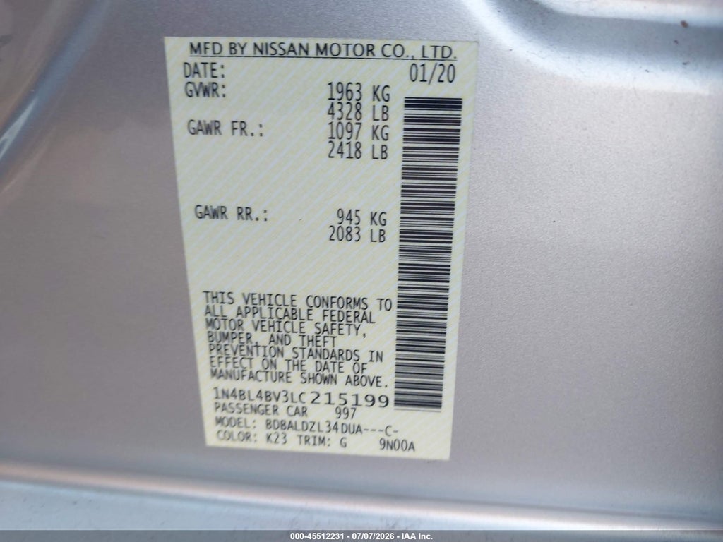 2020 Nissan Altima S FWD photo 9