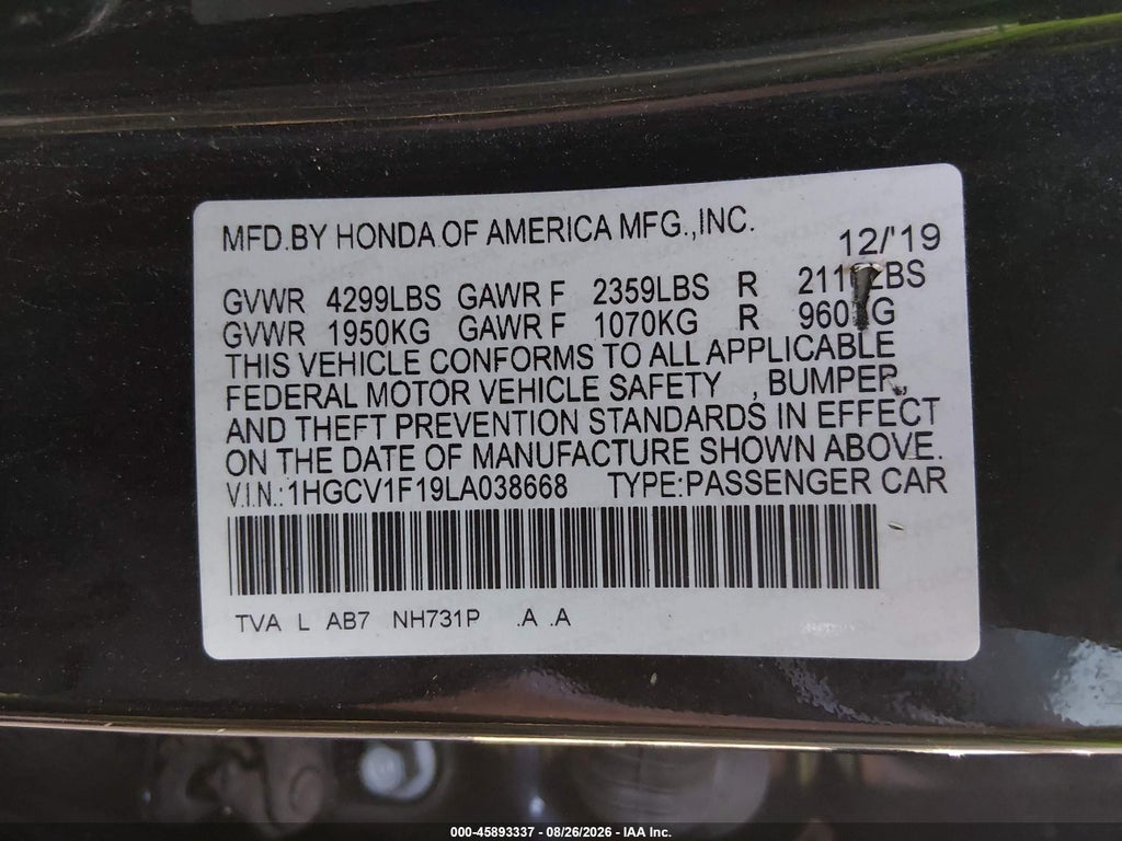 2020 Honda Accord LX photo 9