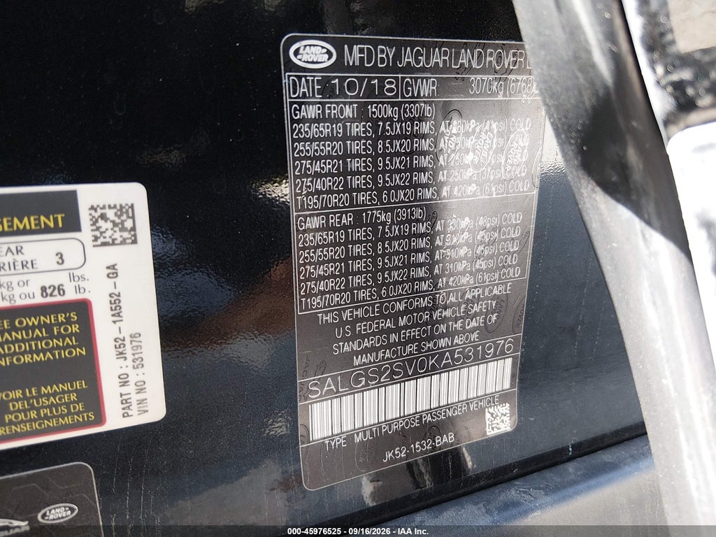 2019 Land Rover Range Rover 3.0L V6 Supercharged HSE photo 9