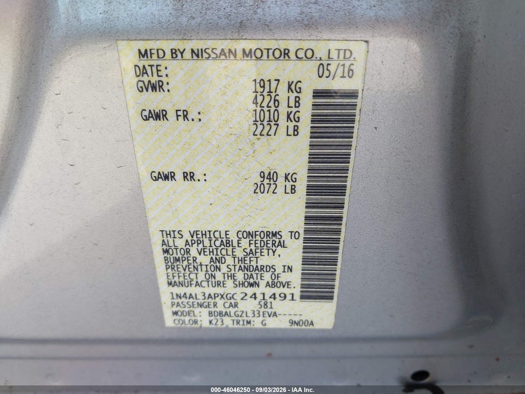 2016 Nissan Altima 2.5/2.5 S/2.5 SL/2.5 SR/2.5 SV photo 9