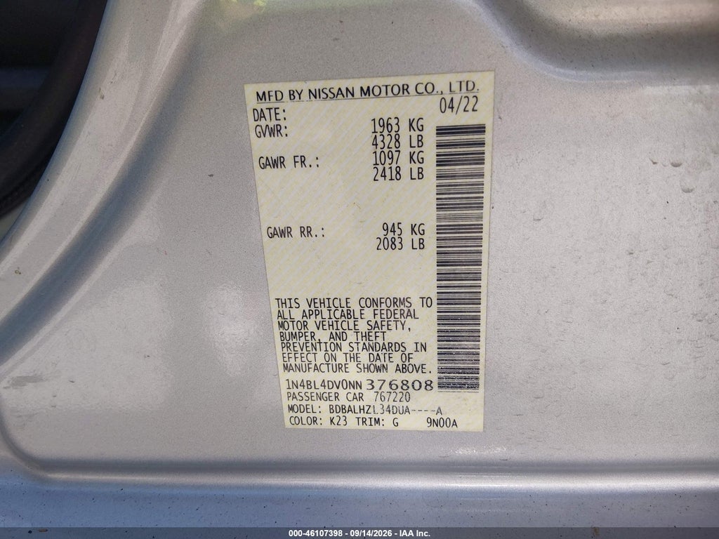 2022 Nissan Altima SV FWD photo 9