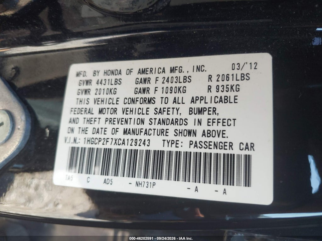 2012 Honda Accord SDN EX photo 9