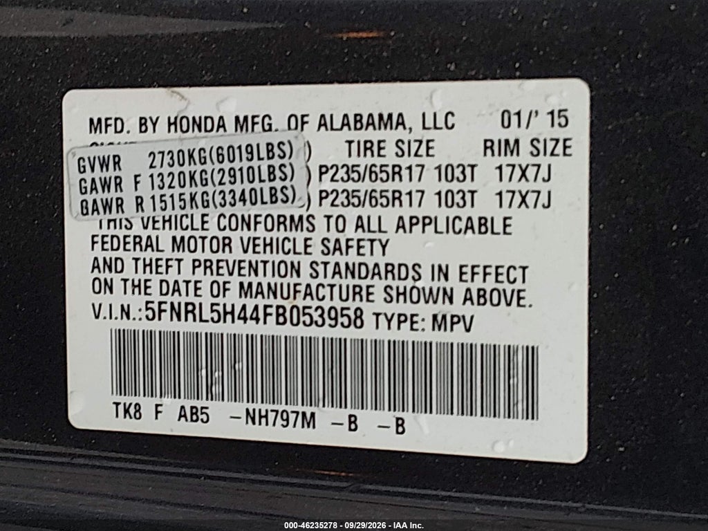 2015 Honda Odyssey EX photo 9