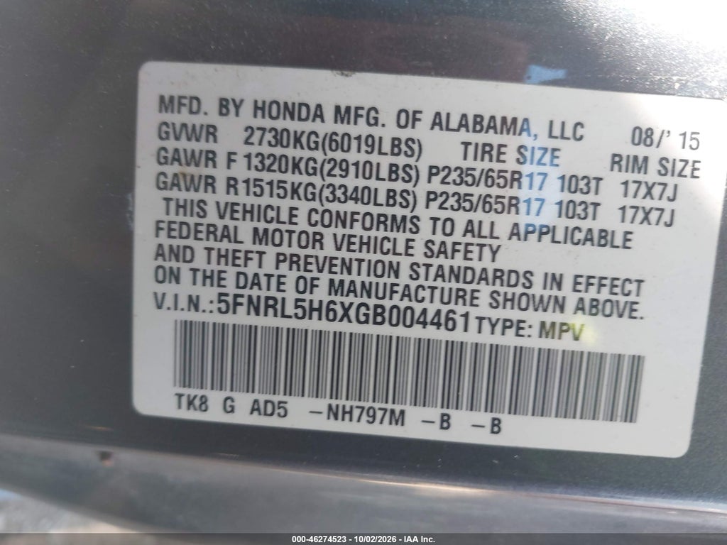 2016 Honda Odyssey EX-L photo 9