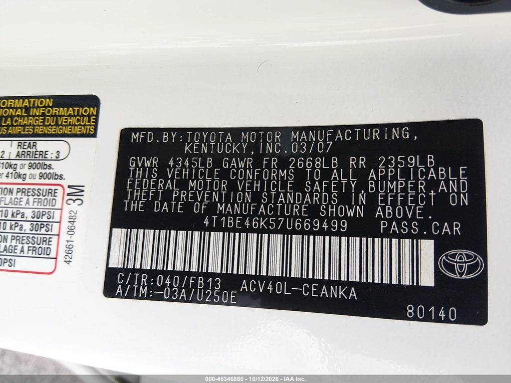 2007 Toyota Camry LE photo 9