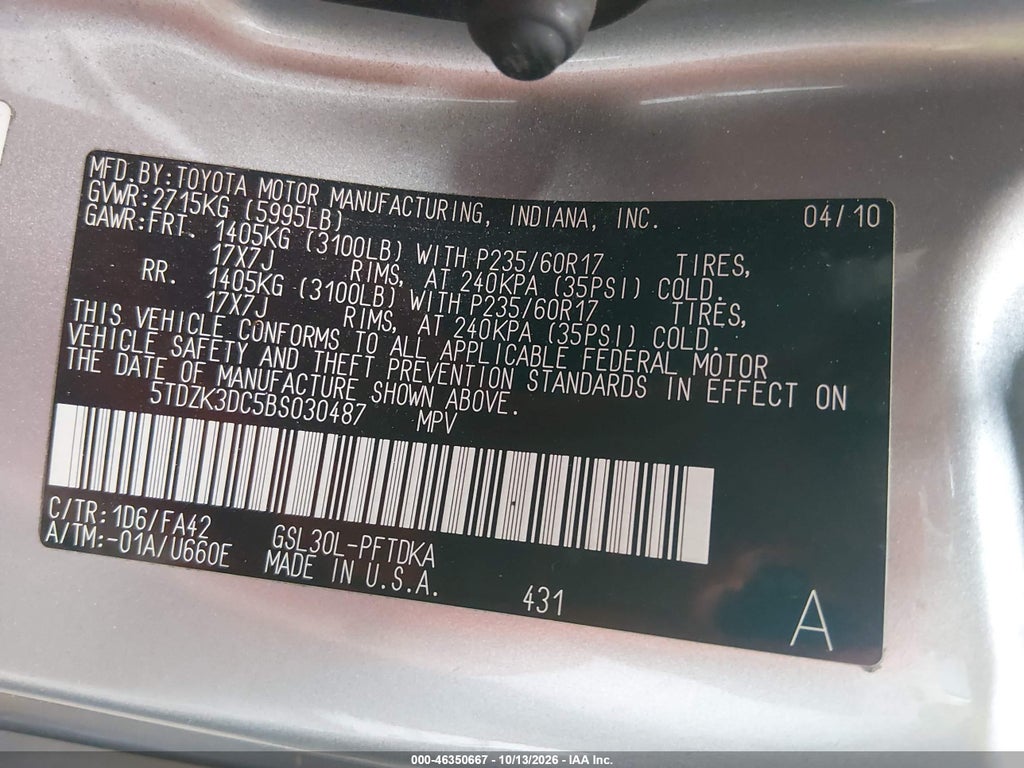 2011 Toyota Sienna Base V6 photo 9