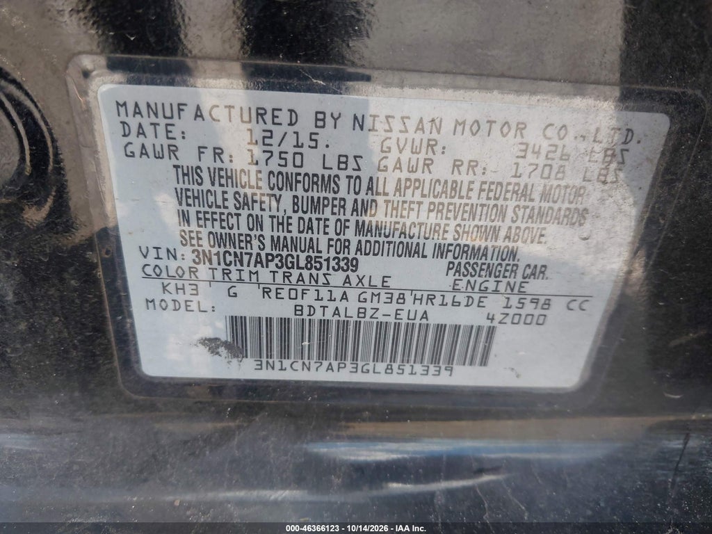 2016 Nissan Versa 1.6 S/1.6 S+/1.6 SL/1.6 SV photo 9