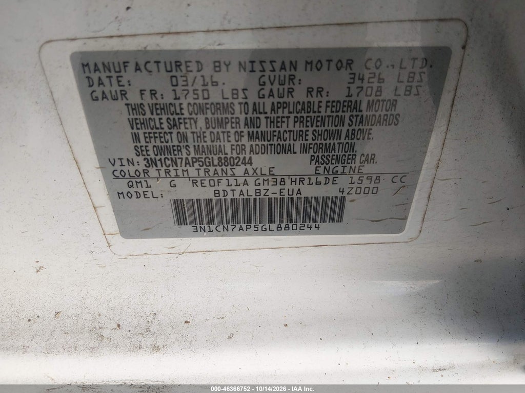 2016 Nissan Versa 1.6 S/1.6 S+/1.6 SL/1.6 SV photo 9