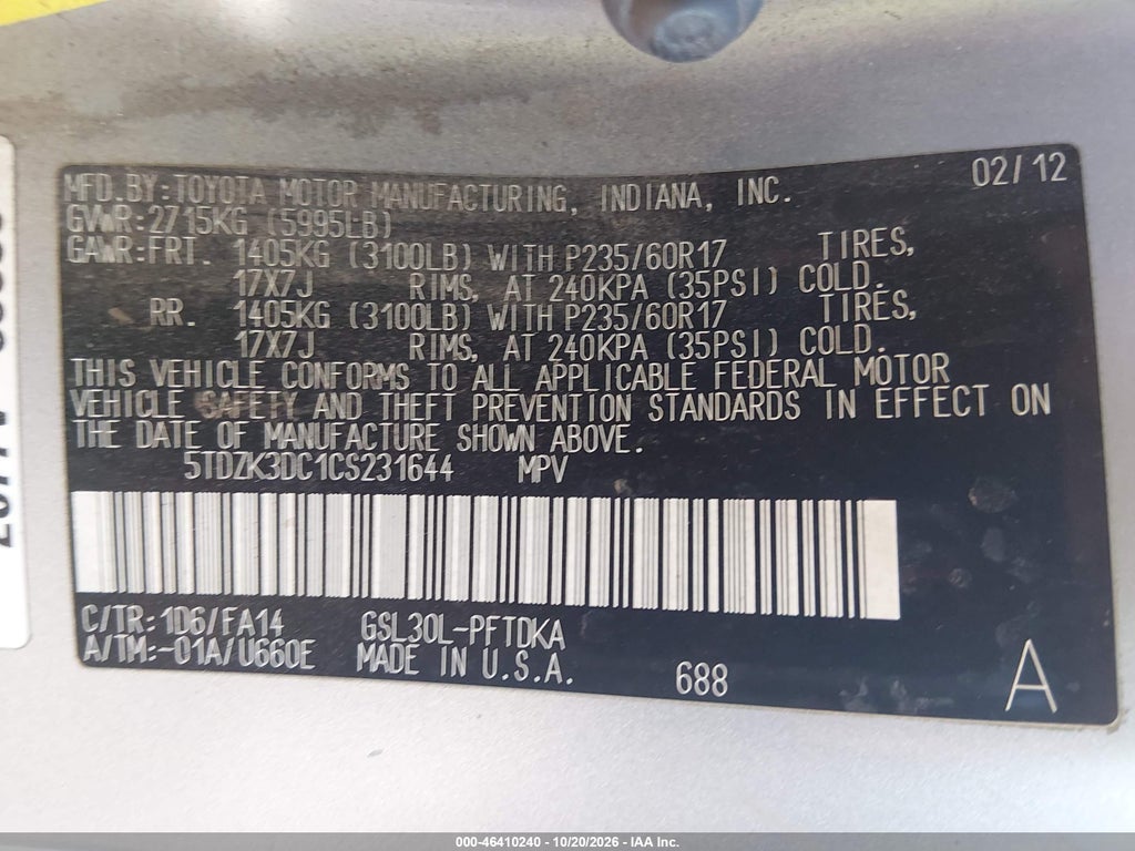 2012 Toyota Sienna Base V6 7 Passenger photo 9