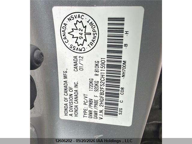 2HGFB2F52CH115901 2012 HONDA CIVIC photo no. 1