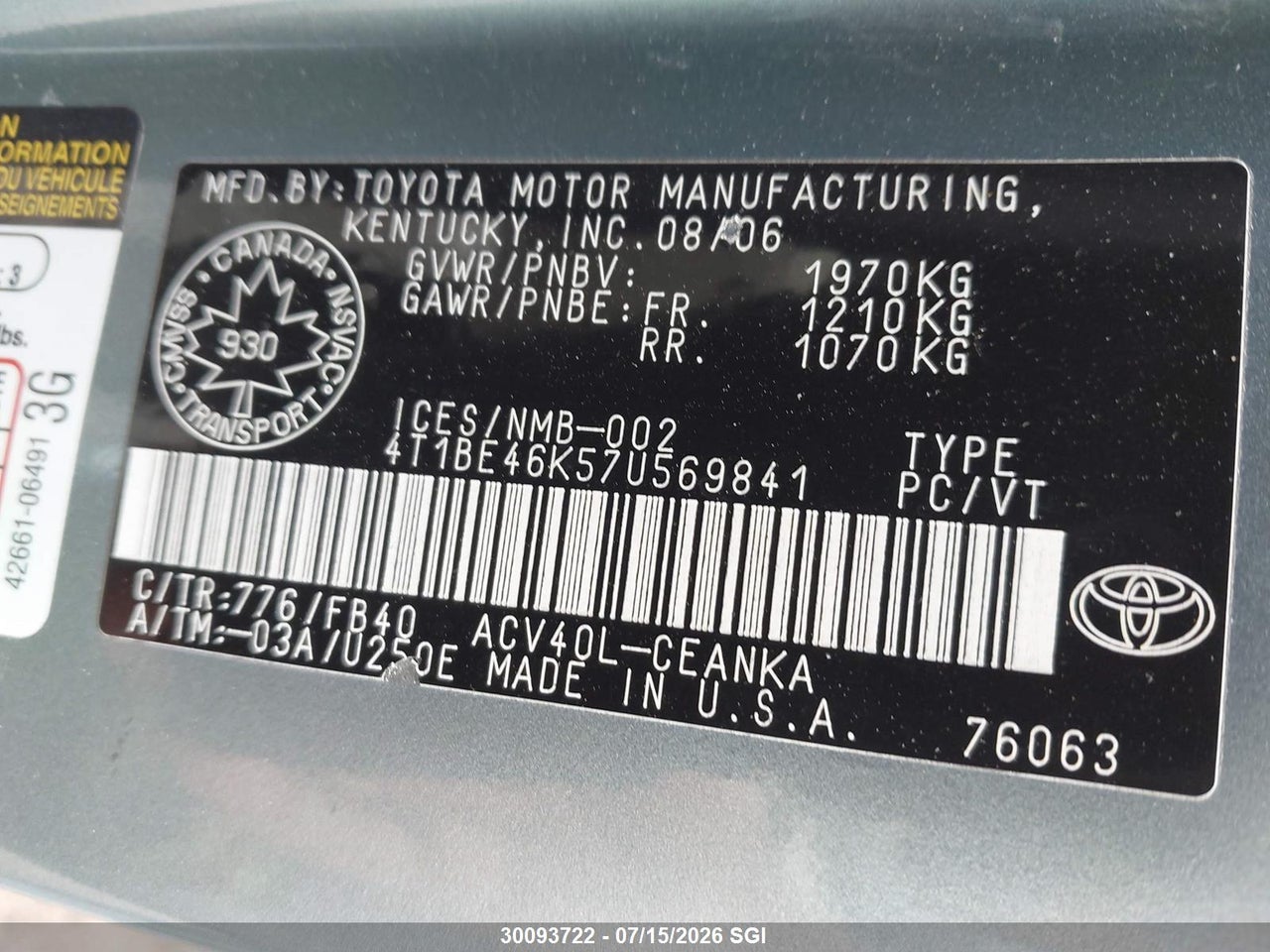 2007 TOYOTA CAMRY LE/SE thumbnail 10