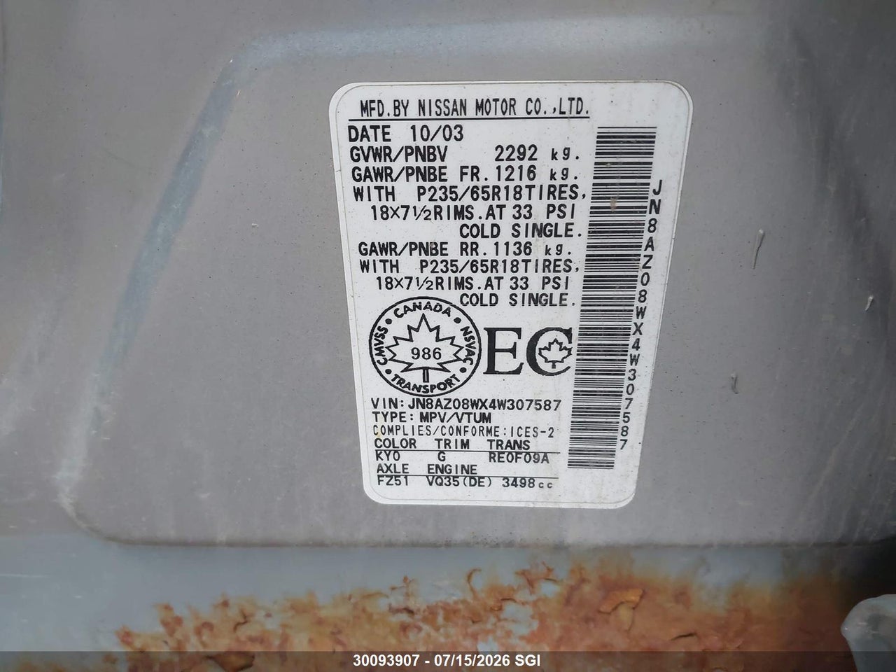 2004 NISSAN MURANO SL/SE thumbnail 10