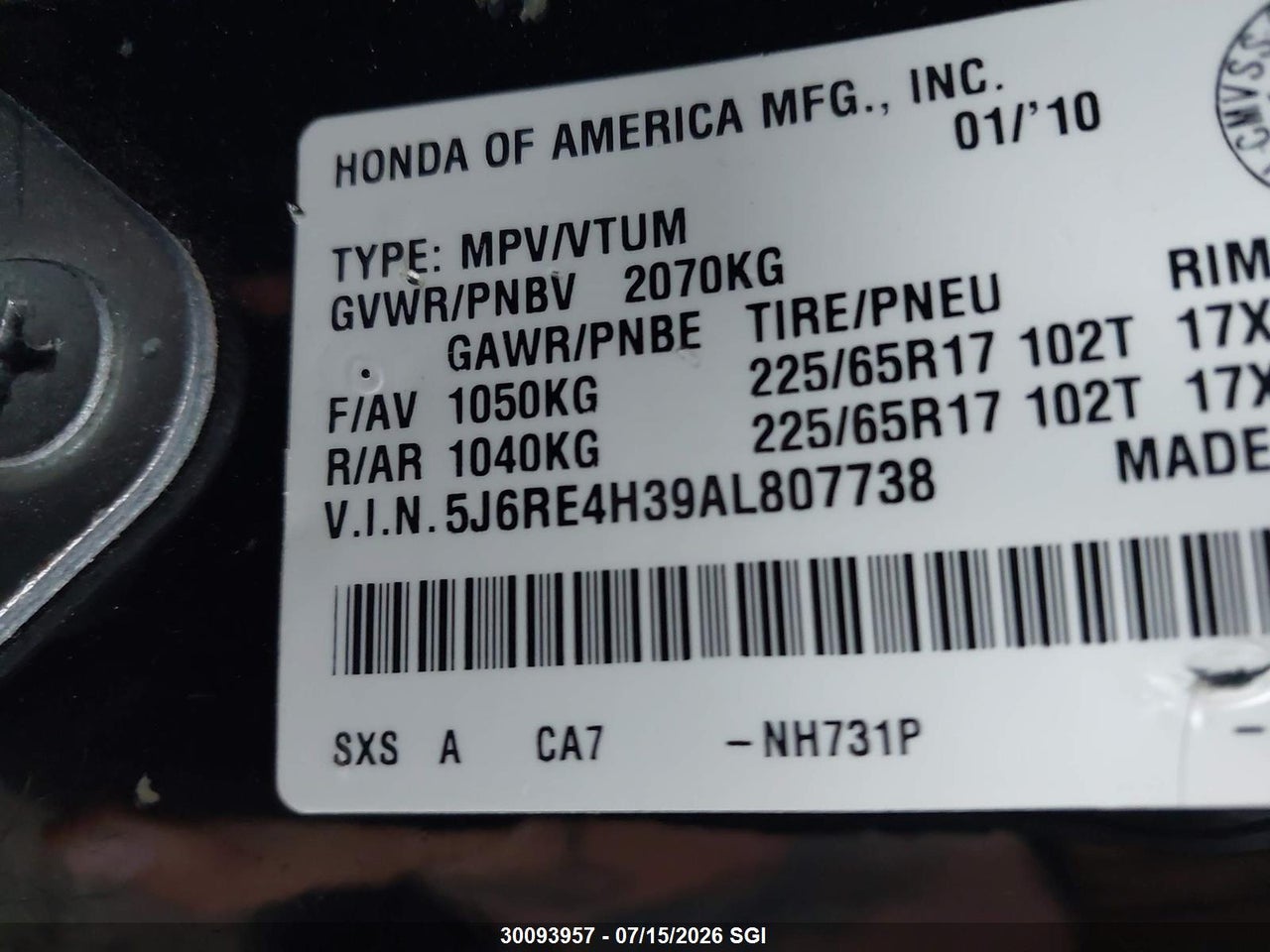 2010 HONDA CR-V LX thumbnail 10