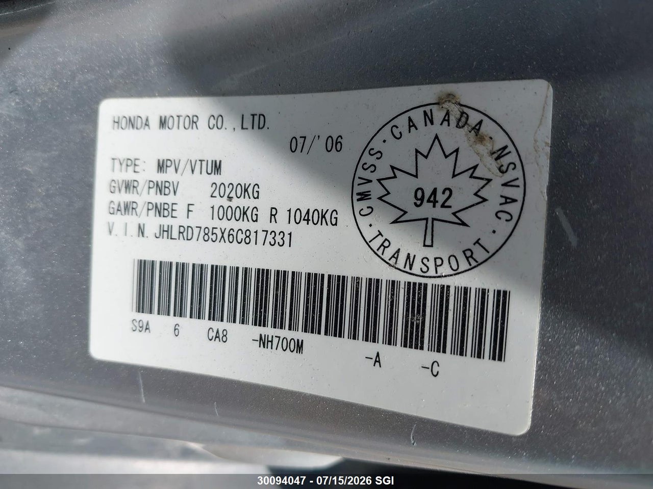2006 HONDA CR-V LX thumbnail 10