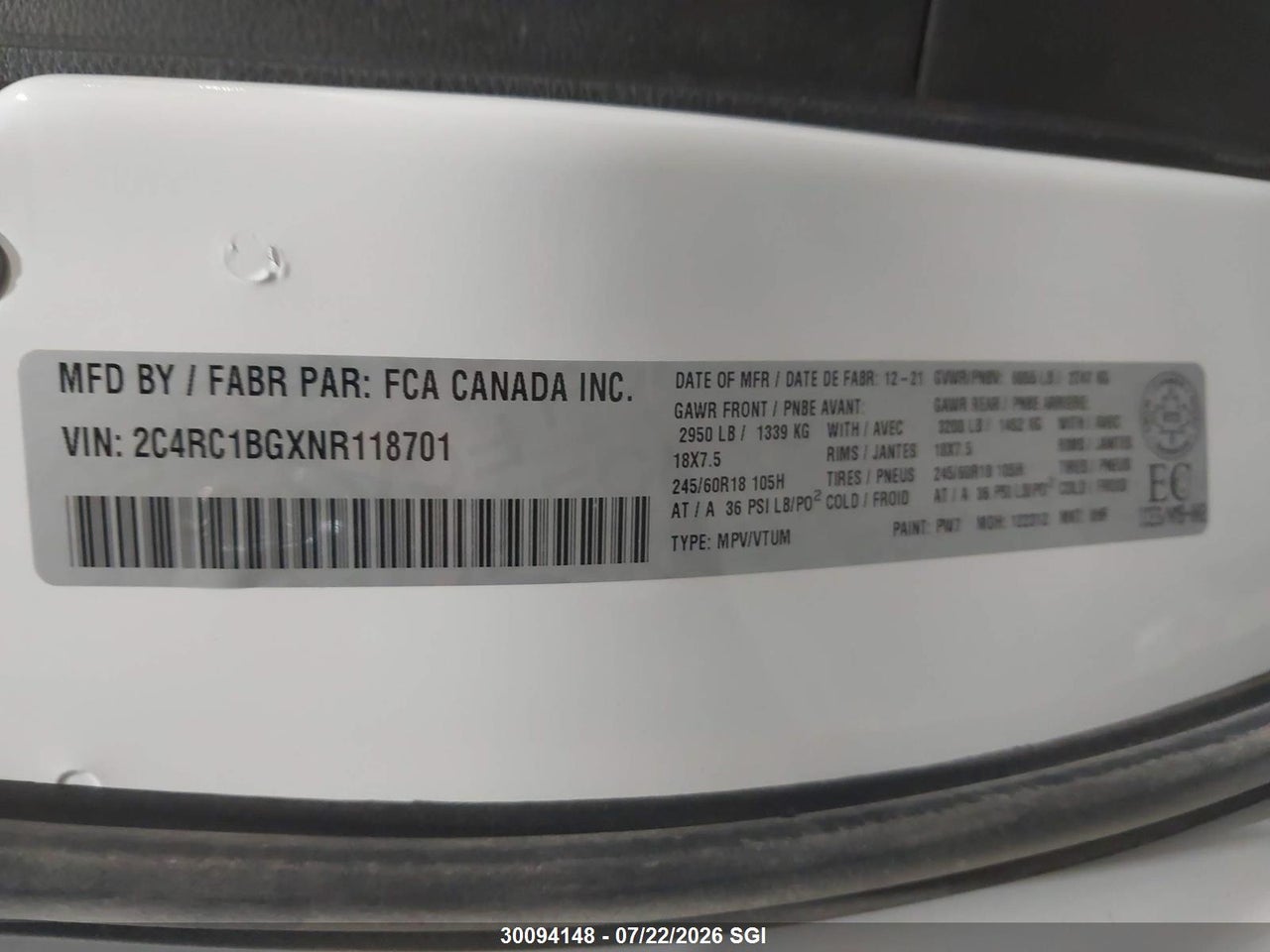 2022 CHRYSLER PACIFICA TOURING L thumbnail 10