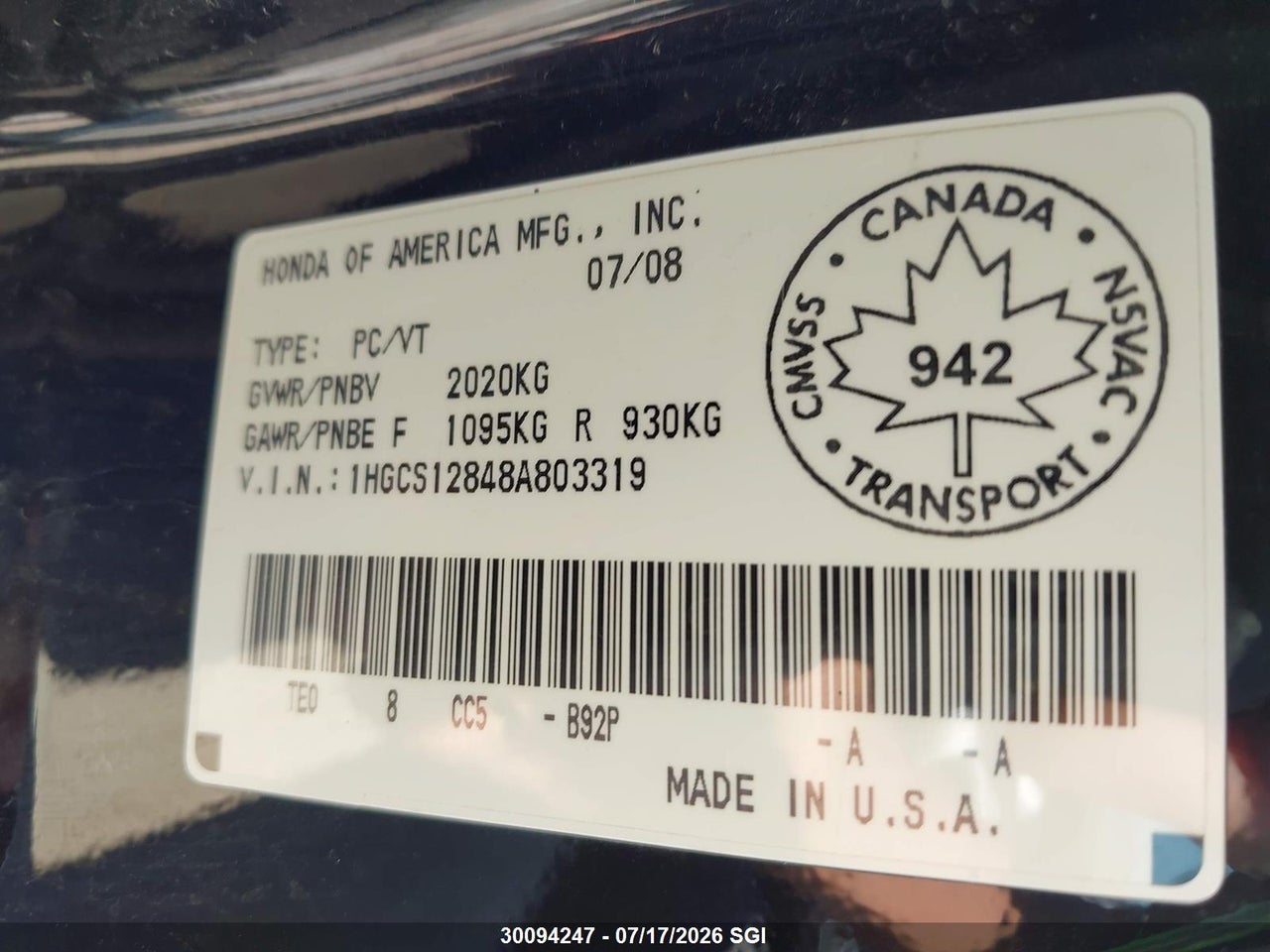 2008 HONDA ACCORD EXL thumbnail 10