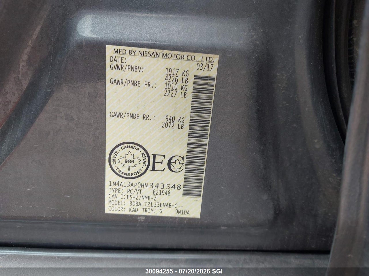 2017 NISSAN ALTIMA 2.5/S/SV/SL/SR thumbnail 10