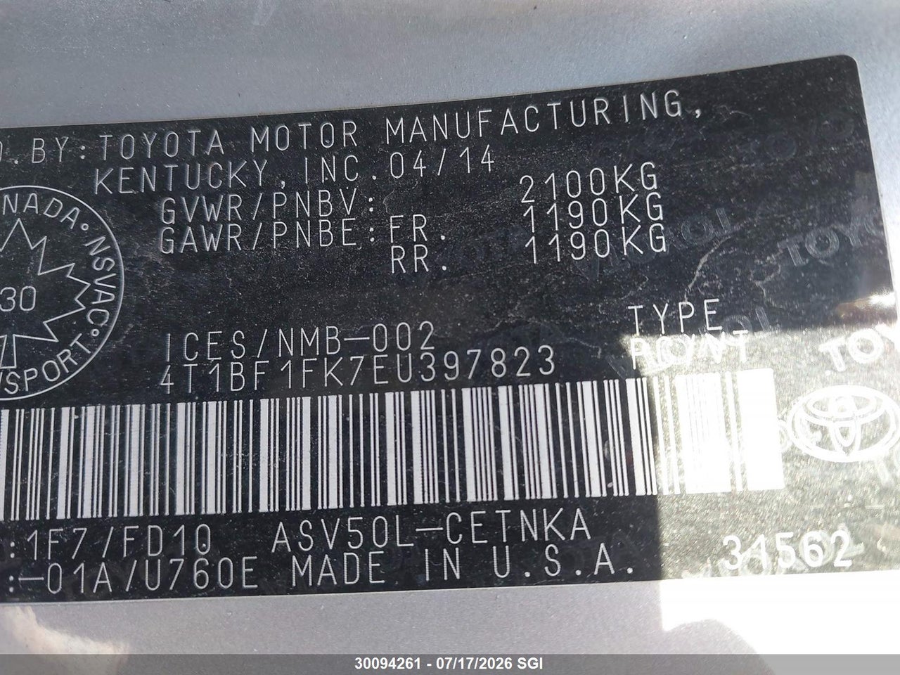 2014 TOYOTA CAMRY L/SE/LE/XLE thumbnail 10