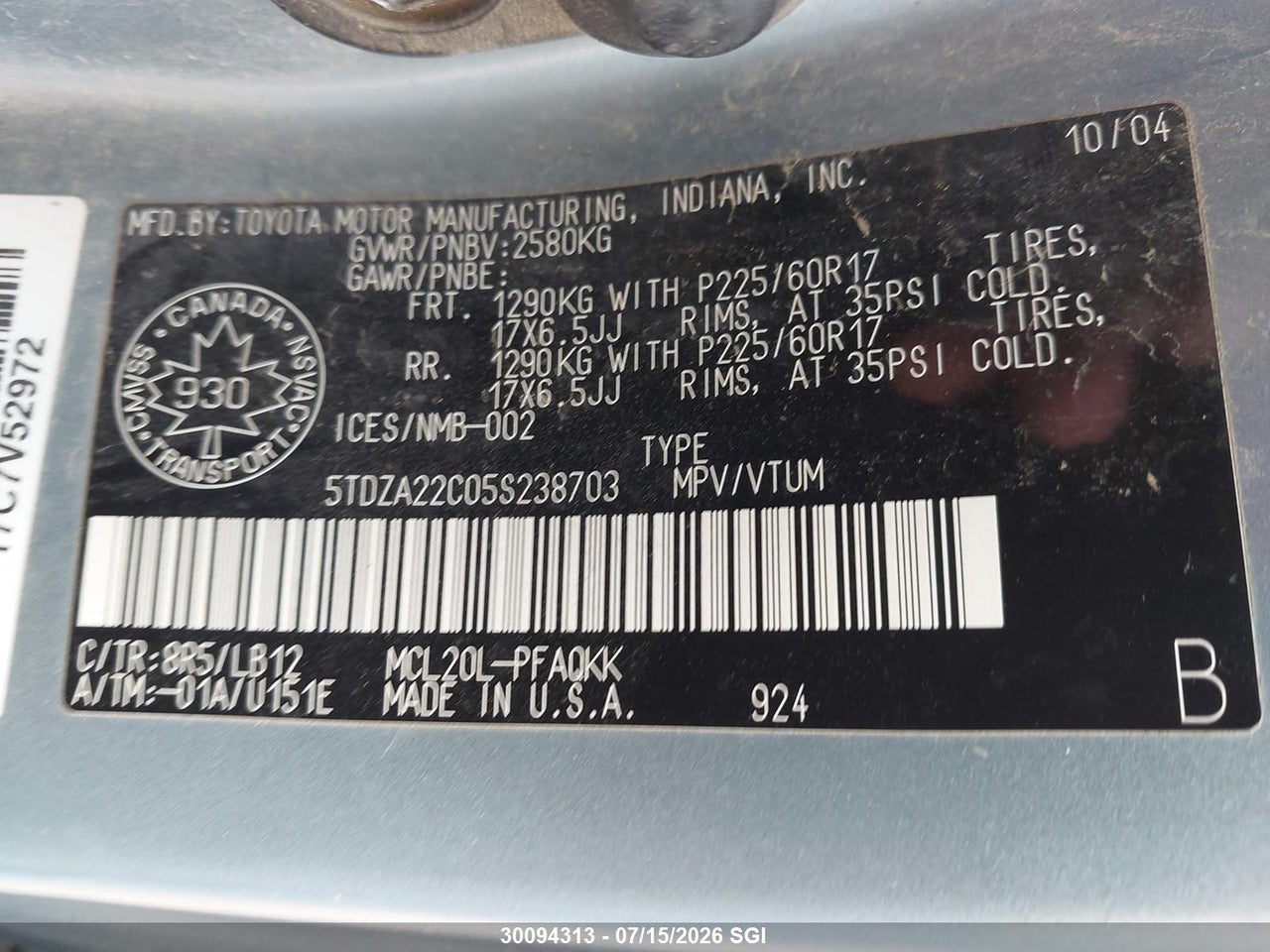 2005 TOYOTA SIENNA XLE/XLE LIMITED thumbnail 10