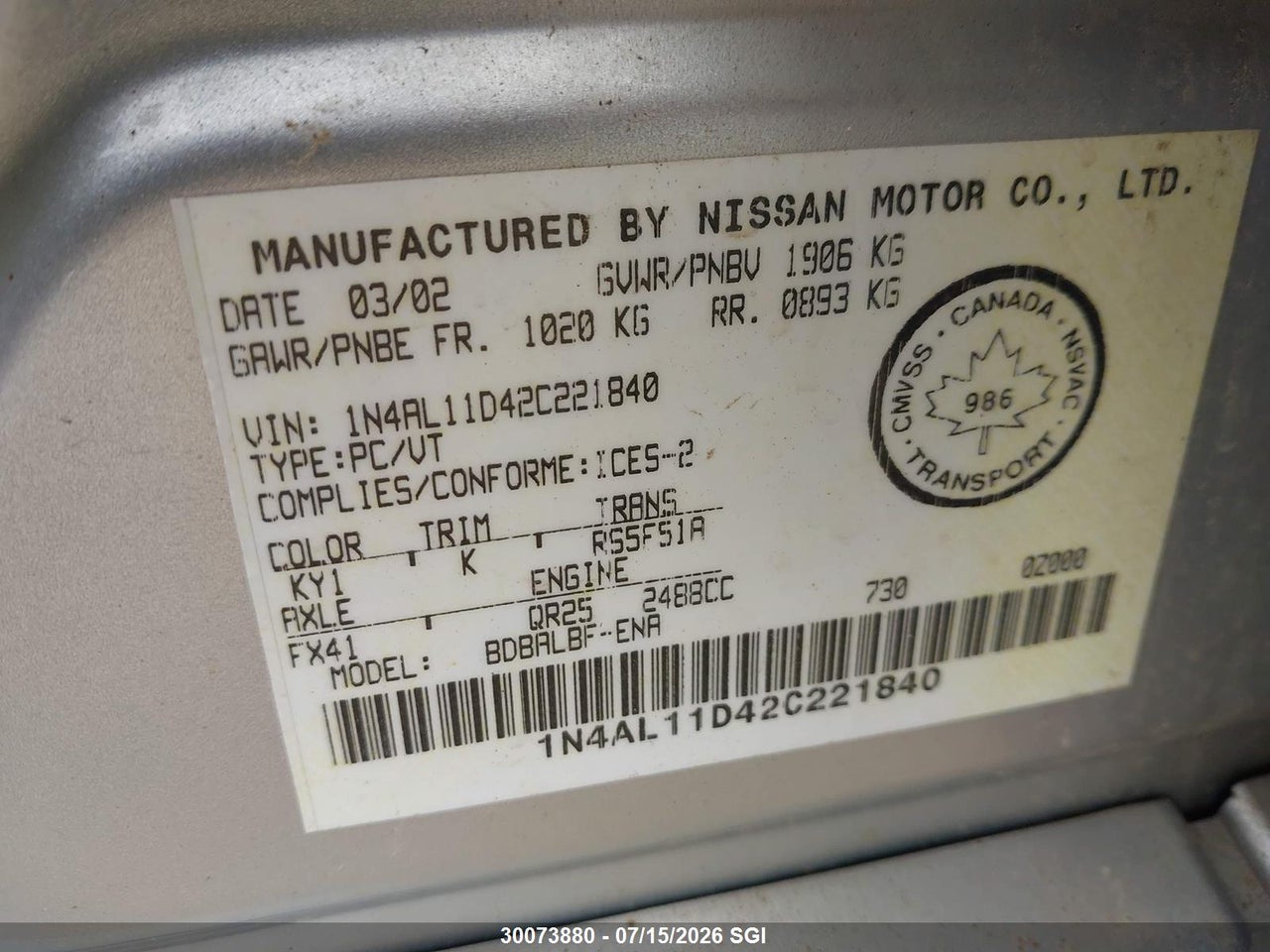 2002 NISSAN ALTIMA S/SL thumbnail 10